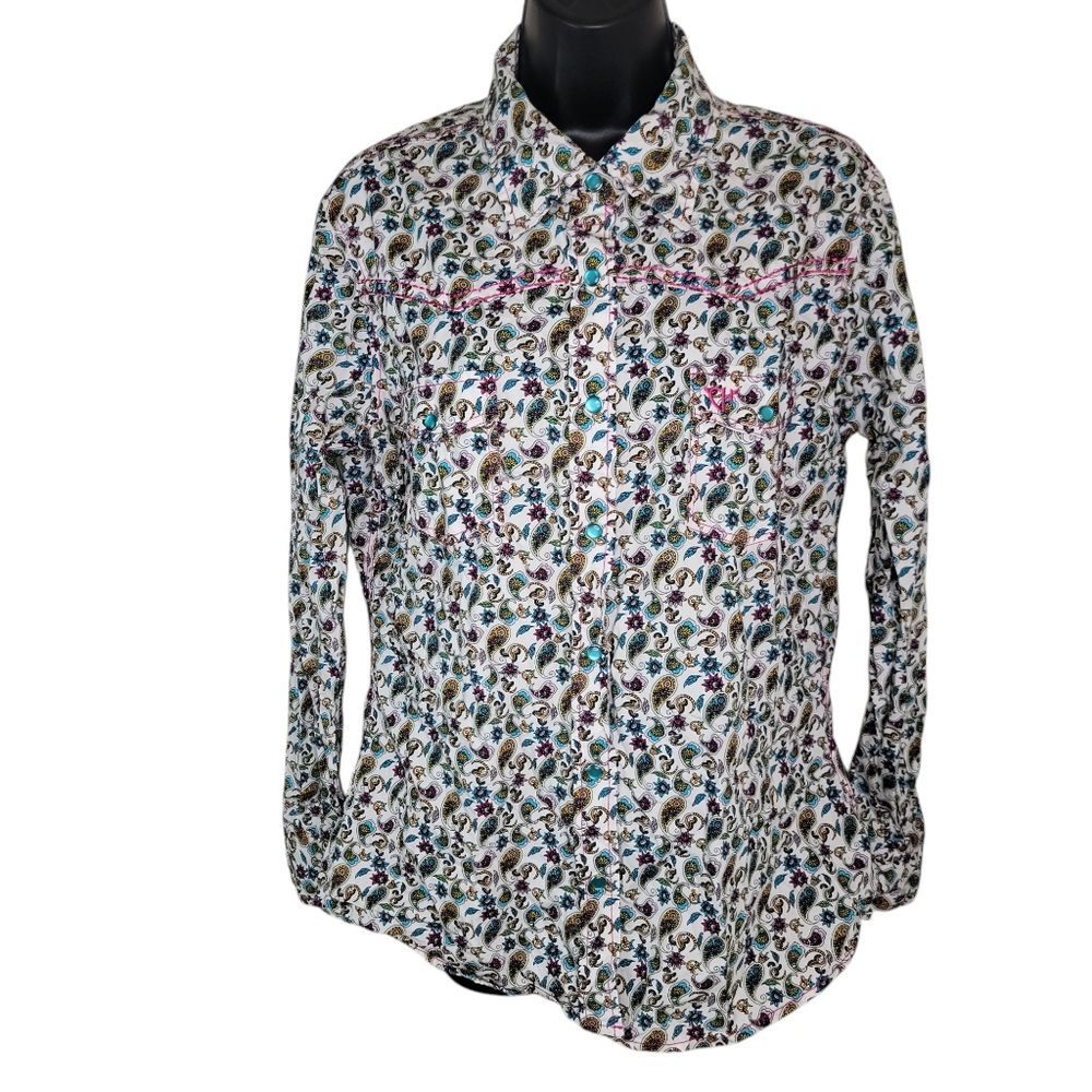Cowgirl Hardware floral paisley print pearl snap western shirt blouse Size M